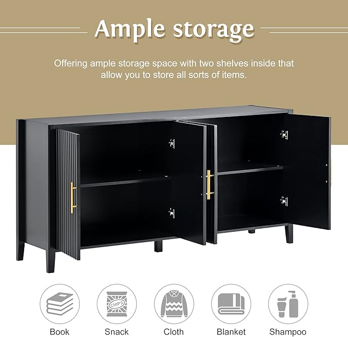 63 Inch Modern Console Table Sofa Table with 4 Doors and Metal Handles, Accent Buffet Sideboard Serving Storage Cabinet with Shelf for Living Room Kitchen (Black)