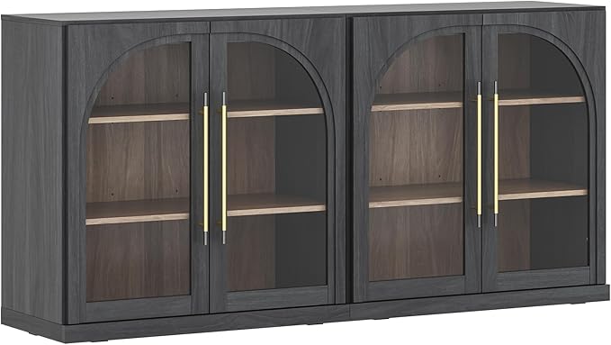 BELLEZE Set of 2 Modular Sideboard with Arched Glass Door, Accent Display Buffet Cabinet with Storage and Adjustable Shelves,Classic Modern Credenza for Dining Room Living Room Entryway (Ebony)