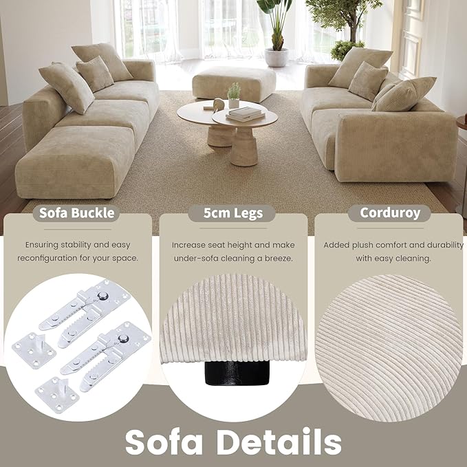 Sectional Couches for Living Room,102inch Cloud Couch Modular Sectional Sofa,Modern Corduroy Couch Love Seat,Cushion Covers Removable& Washable (Beige)