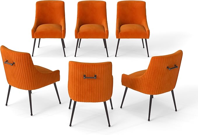 Velvet Dining Chairs Set of 6,Orange Upholstered Living Room Chairs with Black Metal Legs, Modern Tufted Accent Chairs for Living Room, Study Room, Kitchen