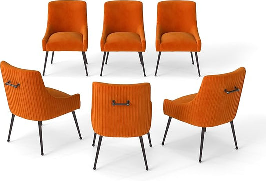 Velvet Dining Chairs Set of 6,Orange Upholstered Living Room Chairs with Black Metal Legs, Modern Tufted Accent Chairs for Living Room, Study Room, Kitchen