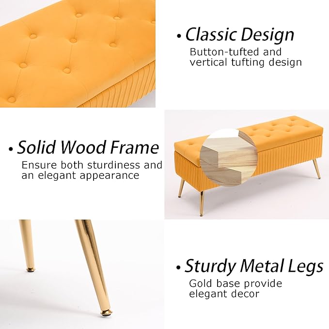 Velvet Storage Bench for Bedroom, Rectangle Upholstered End of Bed Bench Modern Tufted Ottoman with Gold Legs for Living Room/Window/Entryway (Mustard Yellow-45.5" W)