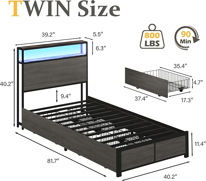 Lifezone Twin Bed Frame with 2-Tier Storage Headboard, Metal Platform Bed Frame with 4 Storage Drawers, Built in Charging Station & LED, Noise-Free/Metal Support/No Box Spring Needed, Rustic Grey