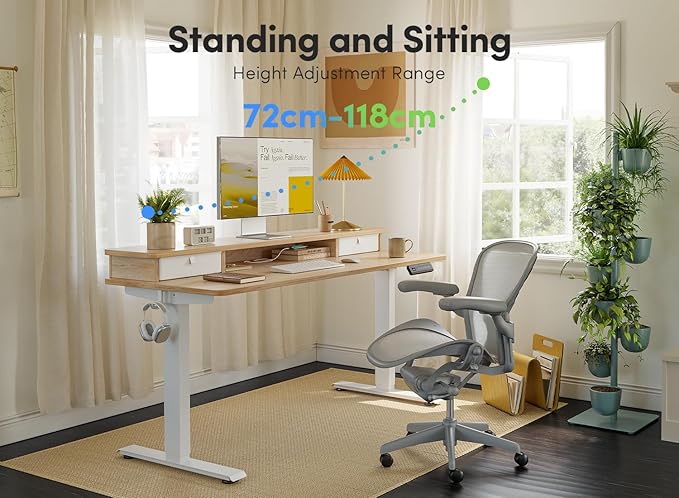 FEZIBO 55 x 24 Inch Height Adjustable Electric Standing Desk with Double Drawer, Computer Desk, Home Office Stand Up Table with 4 Height-Adjustable Feets & 2 Hooks, Maple