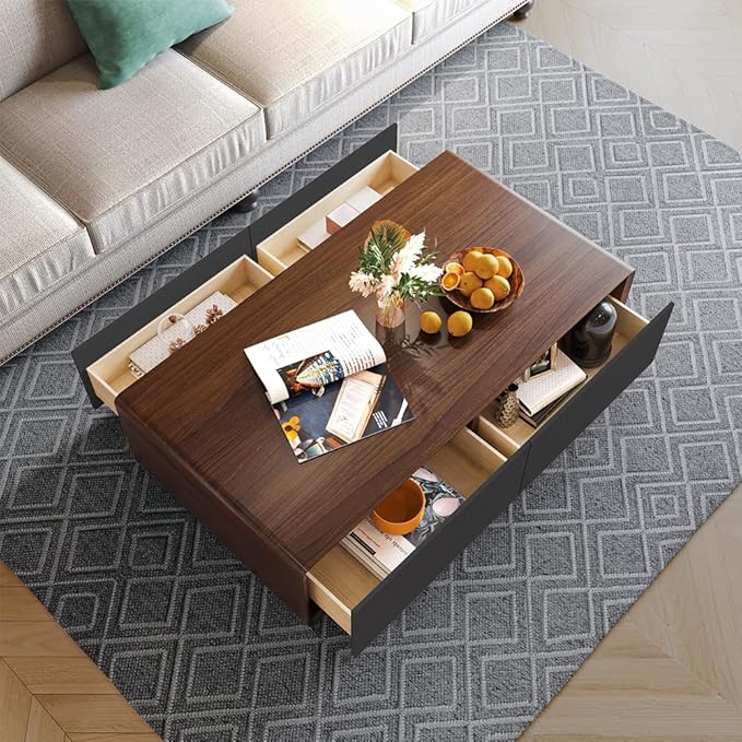POVISON Modern Coffee Table for Living Room, 51 inch Square Coffee Table with Storage, 4-Drawers Wood Table, Full-Assembled, Walnut and Black