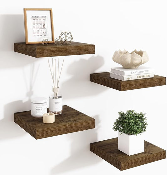 Fun Memories Floating Shelves for Wall - 7.5 Inch Square Shelves with Invisible Brackets, Brown Small Wall Shelf for Living Room, Bathroom, Bedroom, and Kitchen Decor，Set of 4