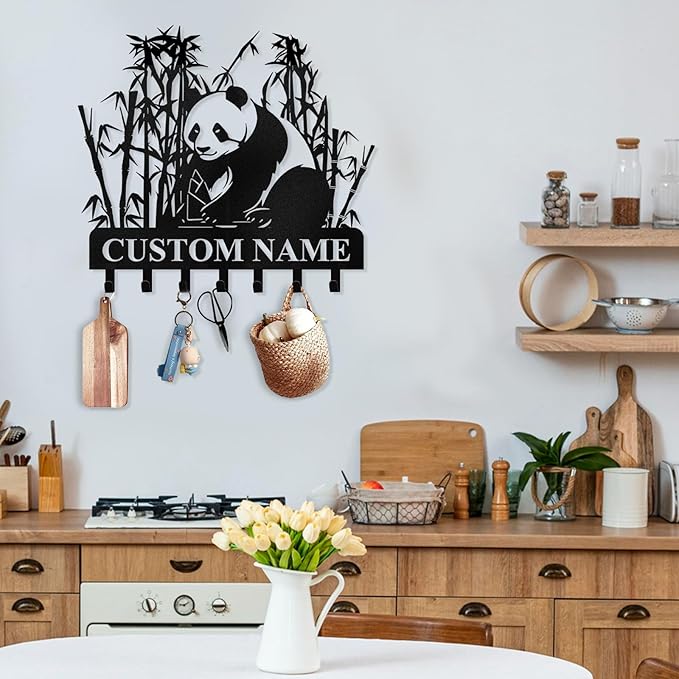 Bamboo Panda Animal Wall Key Holder | Metal Key Organizer with Hooks | Coat Rack & Wall Decor for Front Door & Hallway