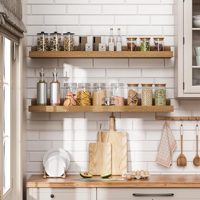 Heimlove Floating Shelves Set of 6, 24" Wall Mounted Picture Ledge, Display Shelf Organizer for Decor Storage, Wall Mounted Shelves for Living Room, Bedroom, Bathroom, Kitchen (Oak)