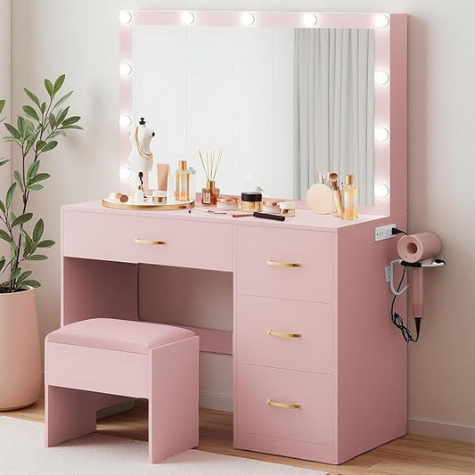 YITAHOME Vanity Set with Mirror and Lights, Makeup Vanity Set with 11 LED Lights, Dressing Table with 4 Drawers and Stool, Ample Storage, Power Strip, for Dressing Area, Light Pink