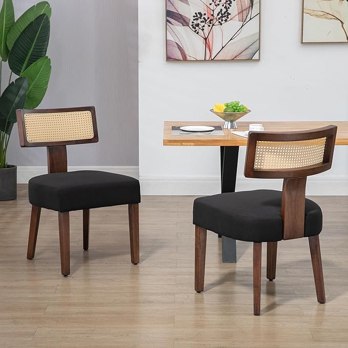 Upholstered Rattan Dining Chairs Set of 4, Mid-Century Modern Fabric Dining Room Chairs with Brown Hardwood Frame, Curved Backrest Kitchen Armless Accent Chairs for Living Room (Black)