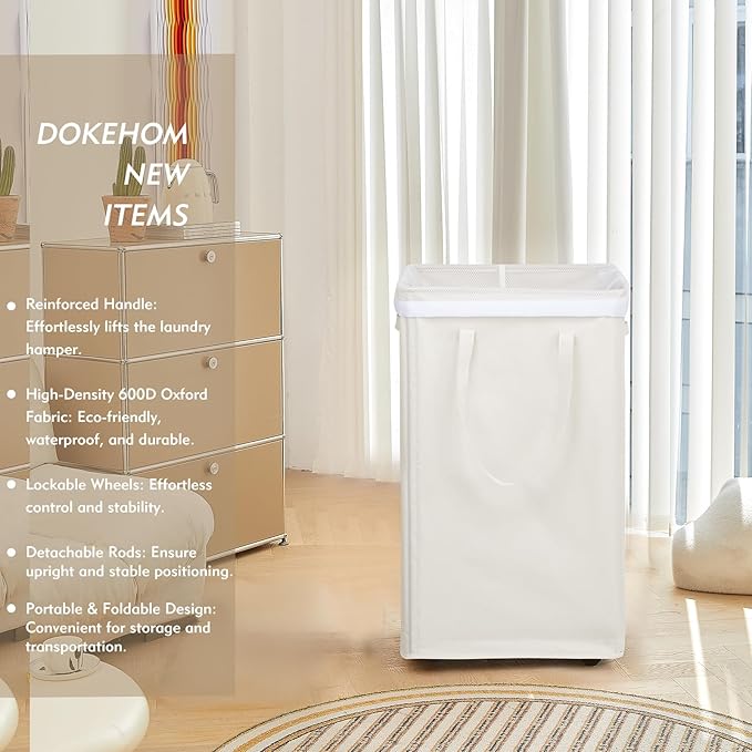 DOKEHOM 90L X-Large Laundry Basket with Removable Wash Bag on Wheels, Collapsible Rolling Laundry Hamper, Foldable Clothes Organizer, Folding Washing Bin (Beige)