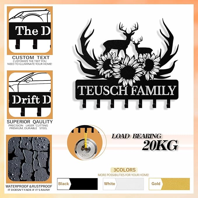 Personalized Deer Key Holder Wall Mount, Custom Metal Keys Hanger for Wall with Name, Custom Key Rack Holder with Hooks for Home, Entryway, Front Door, Living Room, Kitchen, Bathroom