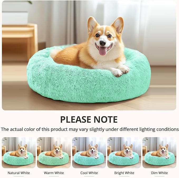JOLLYVOGUE Calming Dog & Cat Bed for Small Dogs, Anti-Anxiety Donut Cuddler Cozy Soft Round Bed with Anti-Slip Bottom, Fluffy Faux Fur Plush Cushion Beds for Small Medium Dogs (27")