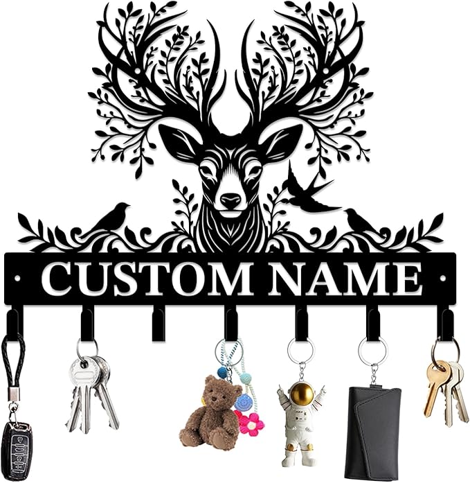 Personalized Custom Name Forest Deer Wall Keys Hooks,Metal Forest Deer Art Clothes Hooks,Metal Forest Deer Wall Home Storage Decorative,For Front Door, Hallway, Kitchen, Bedroom,Keys,Hats (Style K)