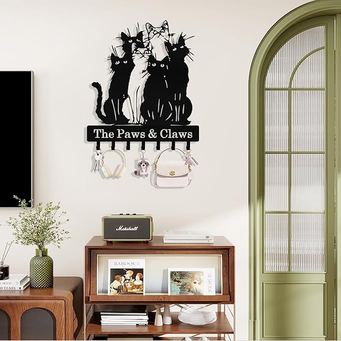 Personalized Cat Key Holder Wall Mount, Custom Metal Key Holder for Wall with Name, Custom Keys Rack Hanger with Hooks for Entryway, Front Door, Hallway, Living Room, Kitchen