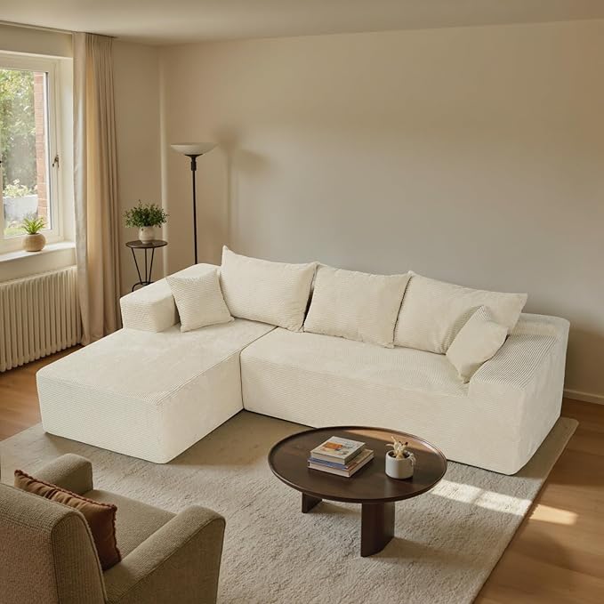 Beige Sectional Couches for Living Room, Boneless Couch with L-Shape Chaise, Modular Sofa in Box with Deep Seat, No Assembly Required