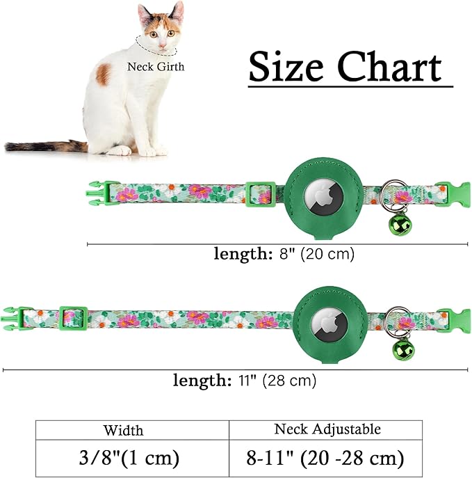 Airtag Cat Collar with Bell - Non Breakaway Soft Pet Collar with Leather Air Tag Holder - Adjustable GPS Anti-Lost Collars for Girl Boy Cats Kitten Puppies, Lightweight and Patterned (Floral Green)