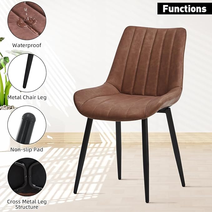 Dining Chairs Set of 4, Faux Leather Modern Linear Design Dining Chair with Metal Legs, 16.9" Seat Width Chair for Kitchen, Lounge, Reception Room, Restaurant, Commercial (Brown)