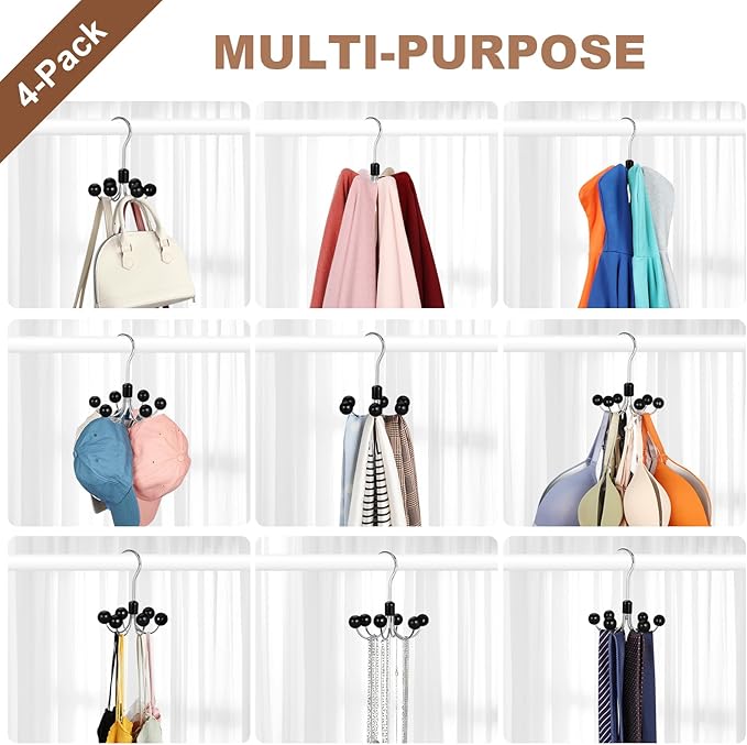 TOPIA HANGER Hoodie Hangers 4-Pack with 6 Wood Balls, 360°Swivel Purse Hanger, Scarf Hanger, Closet Hooks, Handbag Organizer, Bra Hanger, Accessory Organizers for Scarf, Tanktop, Hat, Hoodie CT57B