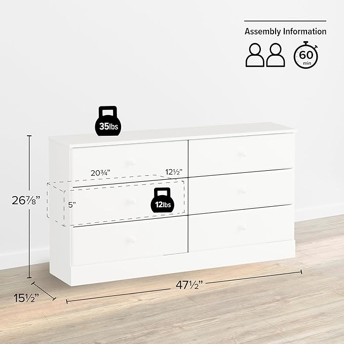 Prepac Astrid 6 Drawer Double Dresser for Bedroom, Wide Chest of Drawers, Bedroom Furniture, Clothes Storage and Organizer, 15.5" D x 47.5" W x 26.85" H, White