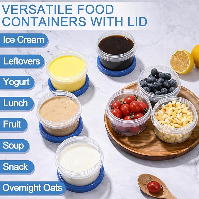 24 Pcs 8 oz Plastic Containers with Screw Lids, Reusable Clear Food Storage Containers with Pen and Brush for Snack Salad Fruit, Freezer Storage Containers, Microwave & Dishwasher Safe