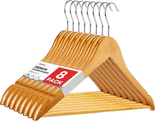 Wooden Hangers 8 Pack, Heavy Duty Wood Hangers for Coats, Suits, Jackets, Closet & Pants Durable Premium Wood Hanger with 360-Degree Rotatable Hook and Notches, Natural