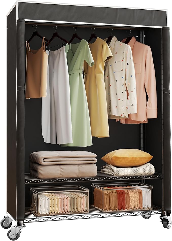 H4 Plus Rolling Garment Rack with Cover, Heavy Duty Clothes Rack with Wheels, Portable Closet for Hanging Clothes, Wardrobe Closets Organizer Storage, Black Closet Rack with Black Fabric Cover