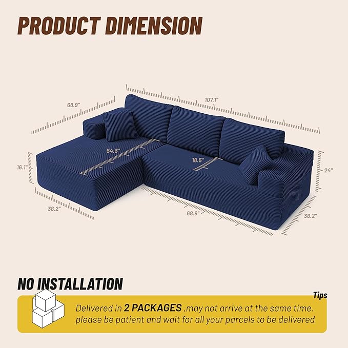 107" Boneless Couch with Deep Seat, Modular Sectional Sofa, Cloud Sectional Couch for Living Room, No Assembly Required, Corduroy, L-Shape Left?Blue