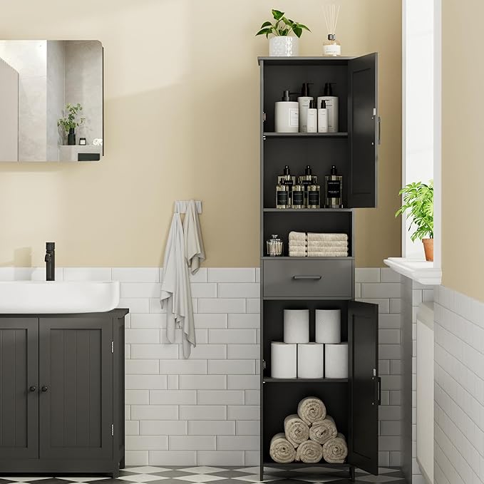 Homhedy 67" H Tall Bathroom Storage Cabinet with 2 Barn Doors and 1 Drawer, Narrow Storage Unit, Adjustable Shelves, Floor Cabinet for Bathroom, Living Room, Entryway, Kitchen, Black, (15.7" W)