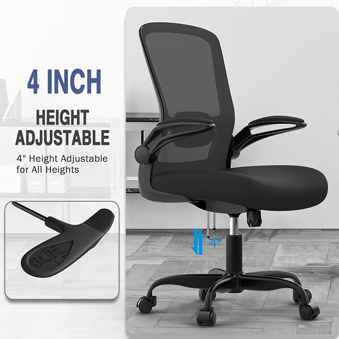 Mimoglad Ergonomic Office Chair - BIFMA Certified, Flip-up Armrests & 135° Recline, Adjustable Lumbar Support - Space-Saving Task Chair for Business/Team Office & Home (Black, 300lbs)