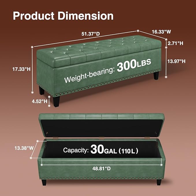Storage Ottoman Bench,51-Inch Large Storage Bench for Bedroom End of Bed, 30 Gallons Faux Leather Ottoman with Storage for Bedroom, Living Room, Entryway, Hallway,Green