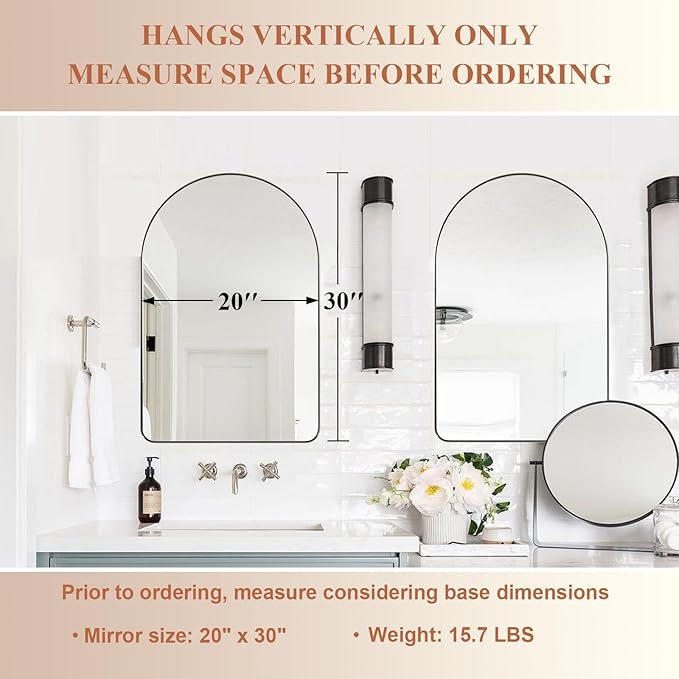 ANDY STAR Arched Mirror, 20" x 30" Brushed Nickle Bathroom Mirror in Stainless Steel Metal Frame, Arch Top Rounded Corner 1" Deep Set Design Wall Mount Hangs Vertical