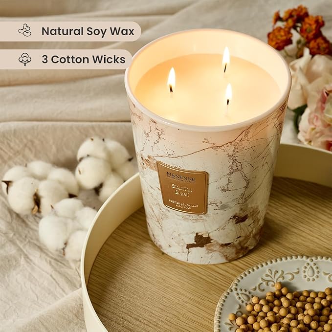 M&SENSE Extra Large Candle 35oz 150H Santal Scented Candle, 3 Wick Highly Scented Jar Candle, XL Candles Gift for Stress Relief, Meditation, Yoga