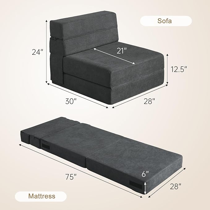 Folding Sofa Bed Single Size with Pillow Memory Foam Convertible Sleeper Chair Floor Couch Futon Lazy for Living Room/Home Office/Guest Beds/Apartment/Upstairs Loft,Dark Gray