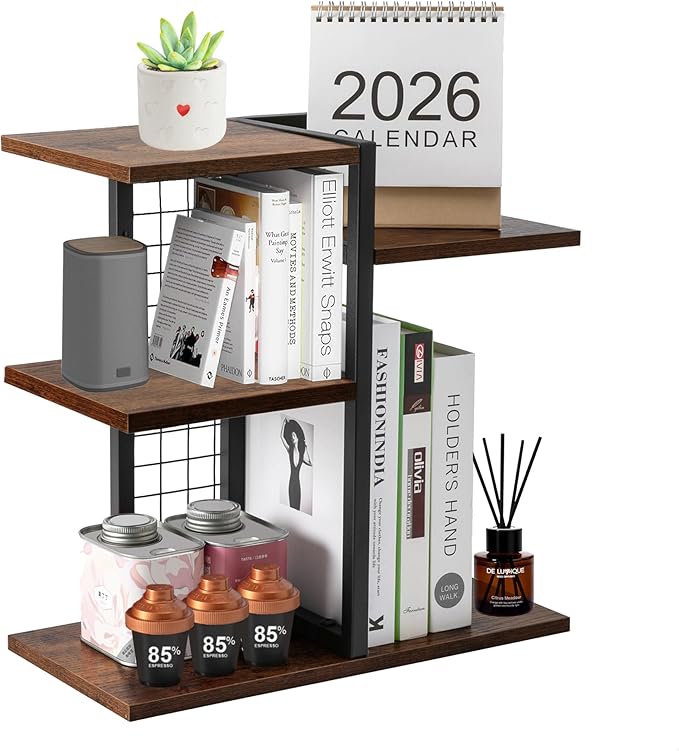 Y YOMA Desktop Bookshelf, 3 Tier Wood Desk Shelf for Top of Desk, Compact Vertical Storage Desk Organizer & Display Rack for Home Office Dorm, Rustic Brown