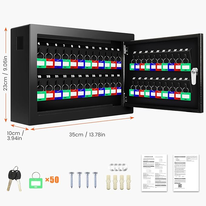 50 Keys Key Cabinet, Anti-Theft Key Lock Box with Key Tags, Adjustable Key Organizer Wall Safe for Car Office House Garage Rental Business