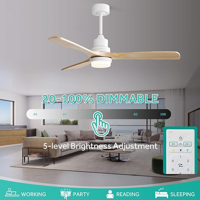 Sofucor Ceiling Fan with Lights, 52 Inch Modern Wood White Ceiling Fan with Remote for Indoor Farmhouse Bedroom Living Room Outdoor Patio Porch, Reversible DC Motor, 3 Blades, Noiseless