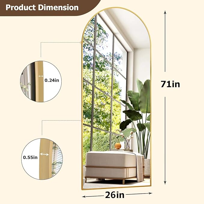 GLSLAND 26" x 71" Arched Full Length Mirror - Gold Full Body Mirror - Extra Large Floor Mirrors for Bedroom, Living Room, Bathroom