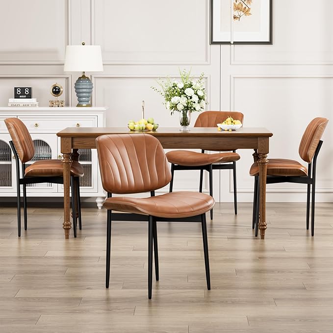 Dining Chairs Set of 4, Dining Room and Kitchen Chairs, Mid Century Modern Accent Chair, Upholstered PU Leather Chairs for Vanity with Walnut Bentwood and Metal Legs, Light Tan
