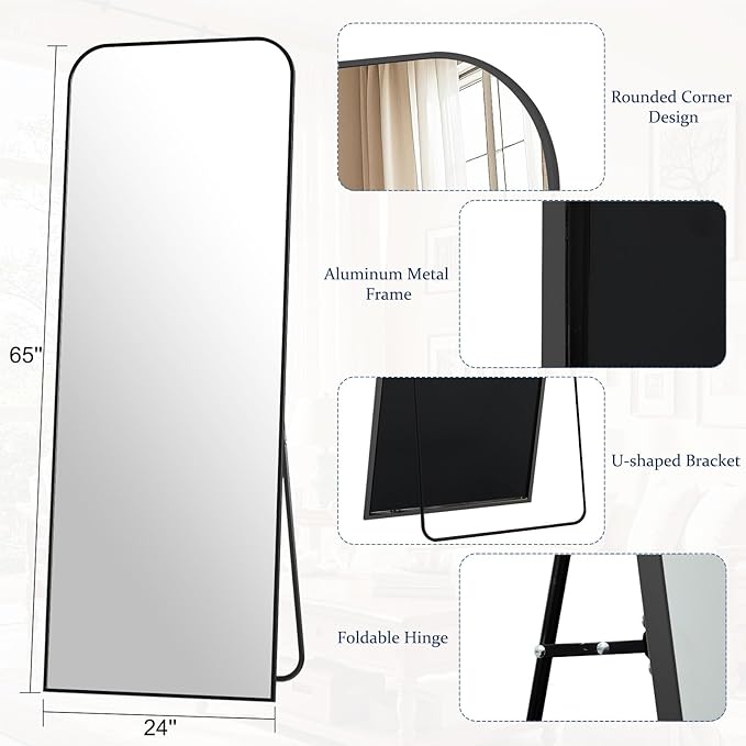 Full Length Mirror 65"x24" Arched Floor Standing Large Mirrors Full Body Mirror with Stand - with Aluminum Frame for Bedroom Living Room, Black