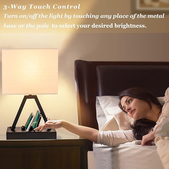 Briever Touch Control Table Lamp, 3-Way Dimmable Desk Lamp with USB C & USB A and AC Outlet, Bedside Lamps with Phone Stands for Bedroom, Living Room, Office, LED Bulb Included, Black