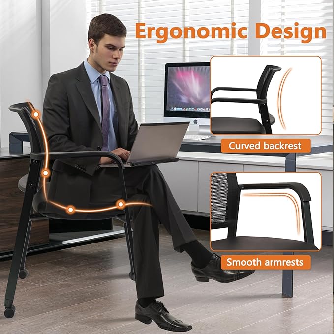 CLATINA Stacking Office Chair with Wheels, Mesh Back Waiting Room Guest Chairs with Arms Comfortable Leather Cushion Stackable Desk Chair for Conference Reception School Side Stationary, Black, 4PK