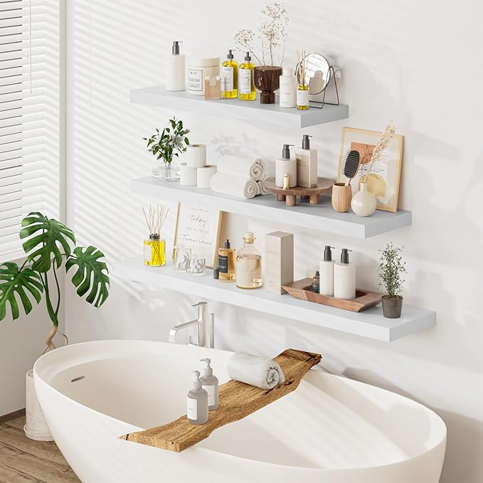 Heimlove 36 Inch Long Floating Shelf for Wall, 12" Deep White Floating Shelves Shelves for Bedroom Living Room Bedroom, Mounted Shelves for Storage Book Decor, Set of 2