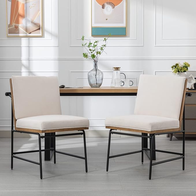 HEAH-YO Modern Dining Chairs Set of 2, Upholstered Linen Fabric Dining Room Chairs with Backrests, Armless Kitchen Chairs for Dining Room, White