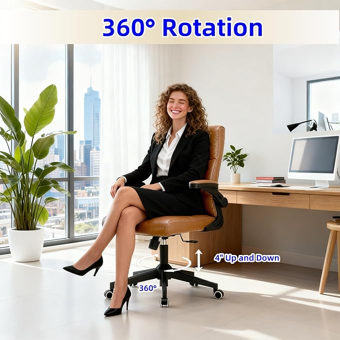 Computer Chair, Ergonomic Home Office Desk Chair with Space Saving Flip-Up Arms, 360° Swivel & Reclining Back, High-Back Executive Chair in Soft Faux Leather Chair Multi-Angle from 90° to 135°(Brown)