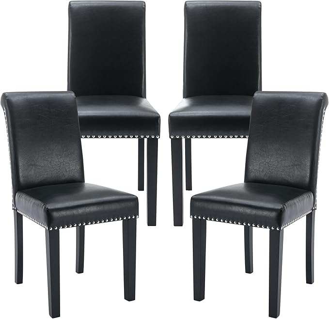 Westice Dining Room Chairs Set of 4 Upholstered PU Leather Kitchen Chairs Dining Room Side Chair with Nailhead Trim and Rubber Wood Legs for Small Space Apartment, Black