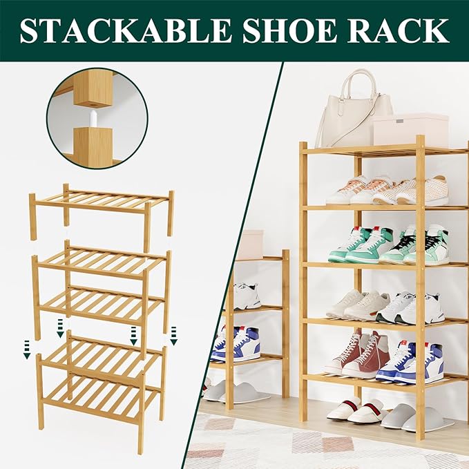 Smiry Shoe Rack, 5 Tier Small Bamboo Shoe Organizer, Stackable Free Standing Wooden Shoe Storage Shelf for Closet, Entryway, Front Door Entrance, Natural