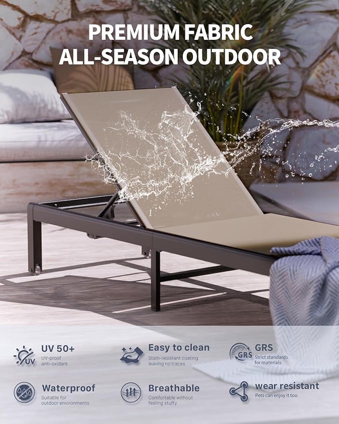 Aluminum Lounge Chairs Outdoor Chaise Furniture,2 Sets Patio Metal Deck Lounger Adjustable 5-Position Poolside Chase Recliner with Wheels for Beach,Coffee Table, (Khaki, 2 Chairs)