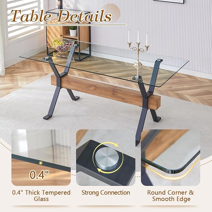 Glass Dining Table 71"｜Modern Dining Table for 6-8｜0.4" Thick Tempered Glass Top｜Matte Black Metal Legs｜Wooden Crossbar｜Easy Assembly｜Perfect for Dining Room or Kitchen