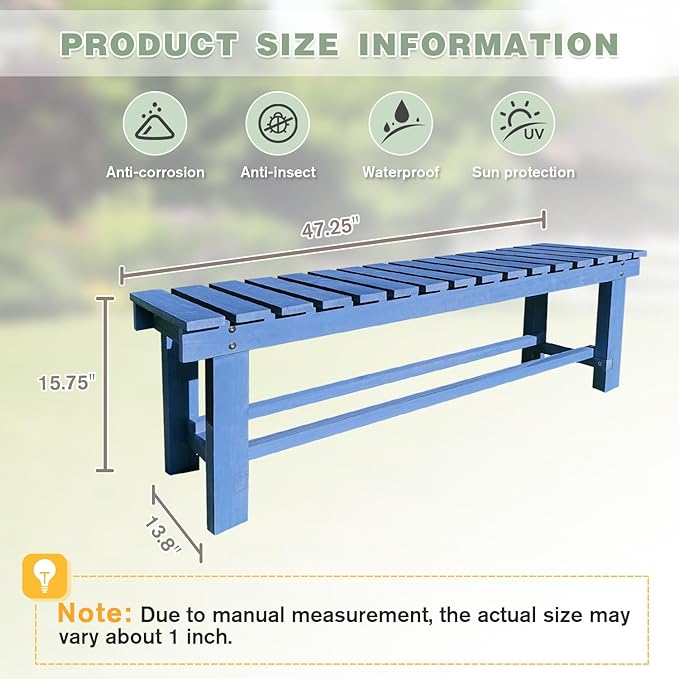 Outdoor Garden Wood Bench, 3-Person Weatherproof Wooden Bench Park Narrow Bench, Never Rot or Fade Waterproof Backless Bench for Entryway, Outdoor, Patio, Porch, Backyard and Park (Blue,47.2''/120cm)